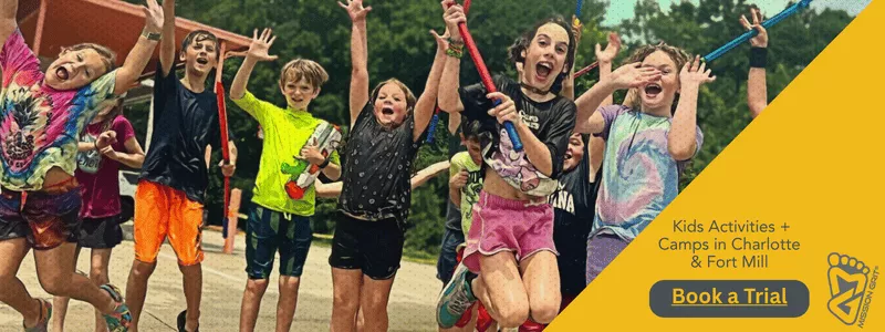 Kids run outdoors smiling and holding foam noodles beside a graphic promoting kids activities and camps in Charlotte and Fort Mill.