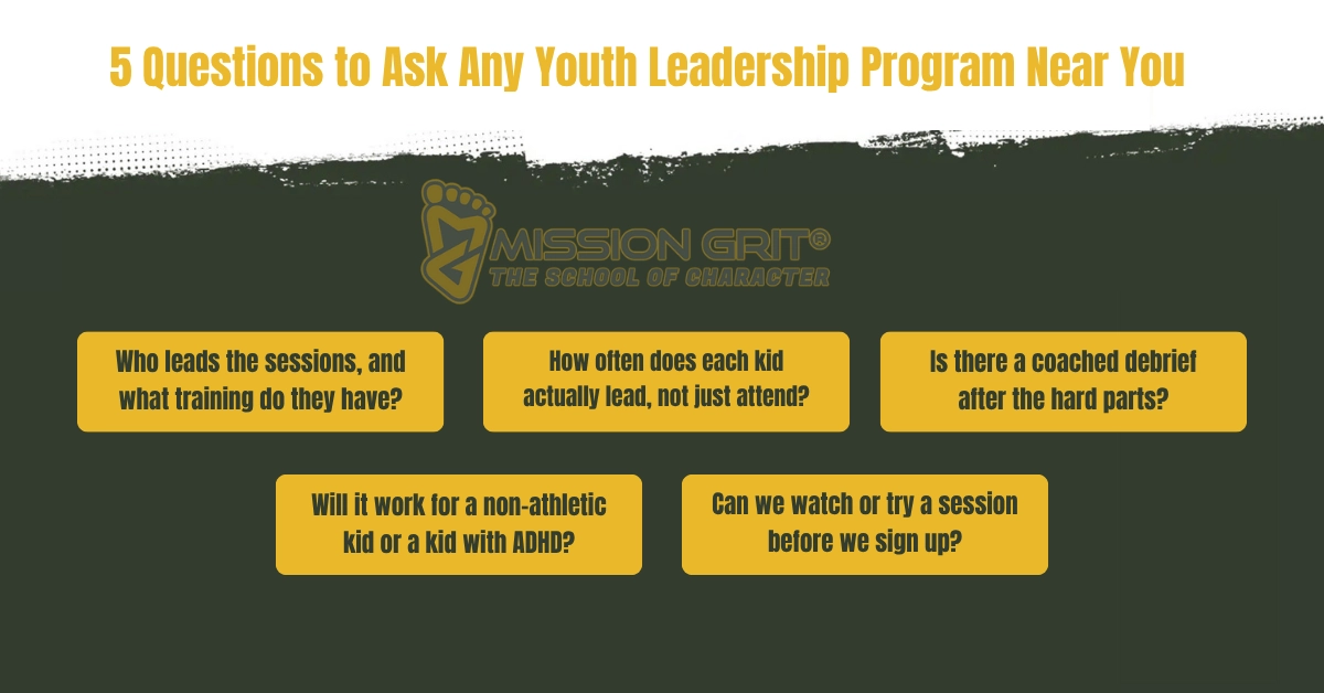 Infographic outlining five important questions parents should ask before choosing a youth leadership program.
