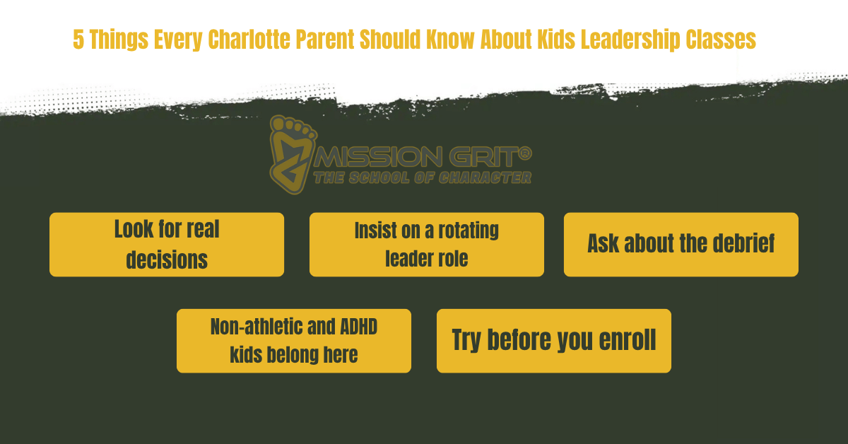 Infographic highlighting five important things Charlotte parents should know before choosing kids leadership classes.