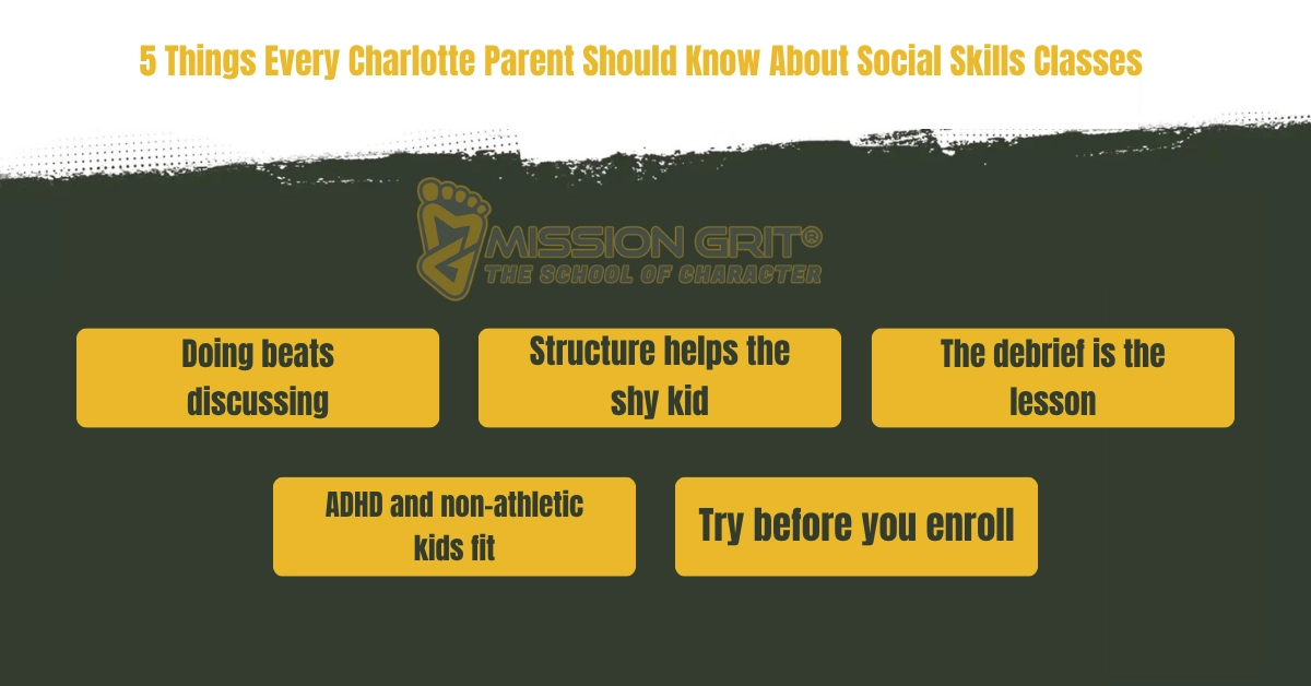 Infographic highlighting five important things Charlotte parents should know about social skills classes for kids.