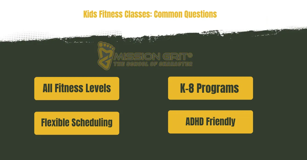 Infographic answering common questions about Mission Grit kids fitness classes, including ages, scheduling, and ADHD-friendly programs.